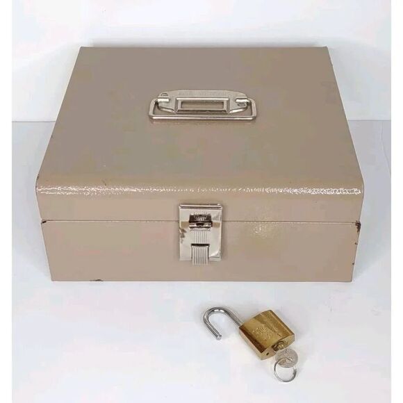 File Box Card File Vintage Buddy Products Tan Metal  10 x 9 3/4 x 4  Padlock Key - Picture 1 of 16